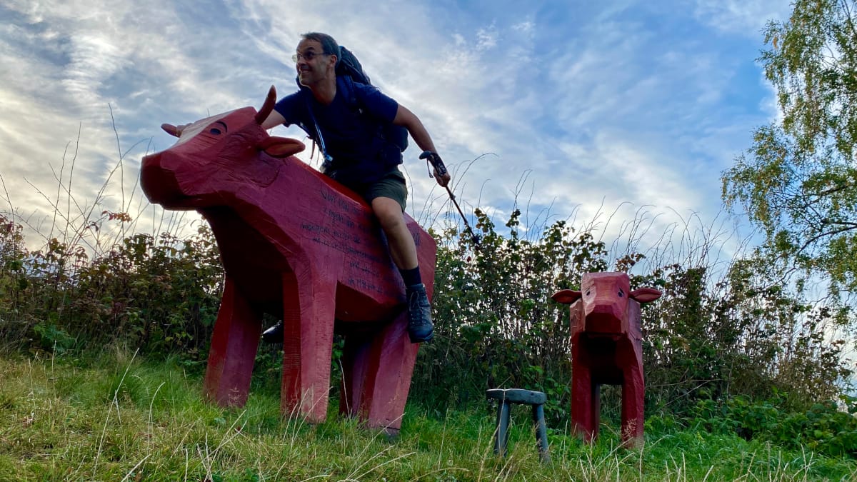 DeWandelaar zittend op de houten koe van het monument Oberharzer Weidewirtschaft op de Harzer-Hexen-Stieg in de Harz