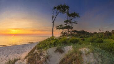 Een strand en bos met een zonsondergang boven de Oostzee bij Fischland-Daß-Zingst